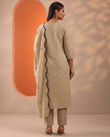 Cream Embroidered Cotton A-Line Suit Set for Women with Dupatta