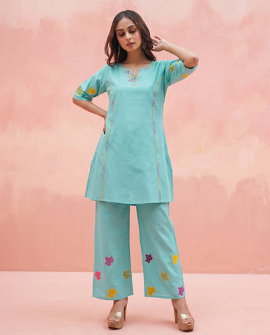 Sea Green Leaf Embroidered Cotton Kurta Palazzo Set for Women