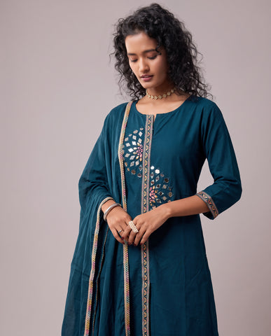 Women's Blue Embroidered Kurta Set with Mirror Work