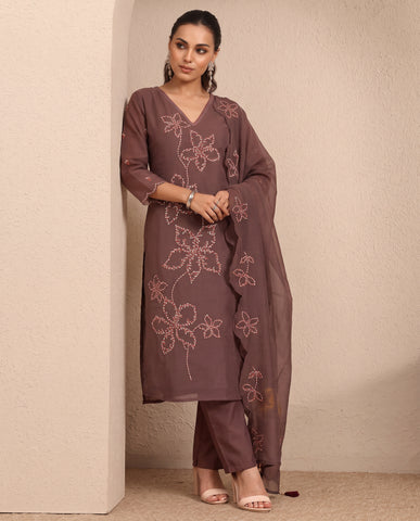 Women's V-Neck Embroidered Kurta with Pants & Dupatta