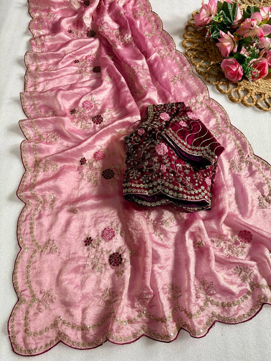 Dusty Pink Pure Fancy Satin Saree with Plum Purple Heavy Embroidered Stitched Blouse