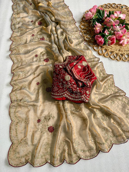 Beige Brown Pure Fancy Satin Saree with Maroon Heavy Embroidered Stitched Blouse