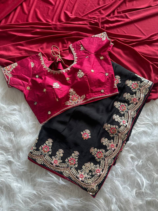 Black Rich Nylon Fandy Silk Saree with Heavy Golden Codding Dori & Sequins Embroidery