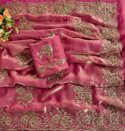 Dusty Pink Pure Fancy Satin Saree with Beads & Sequin C-Pallu Embroidery