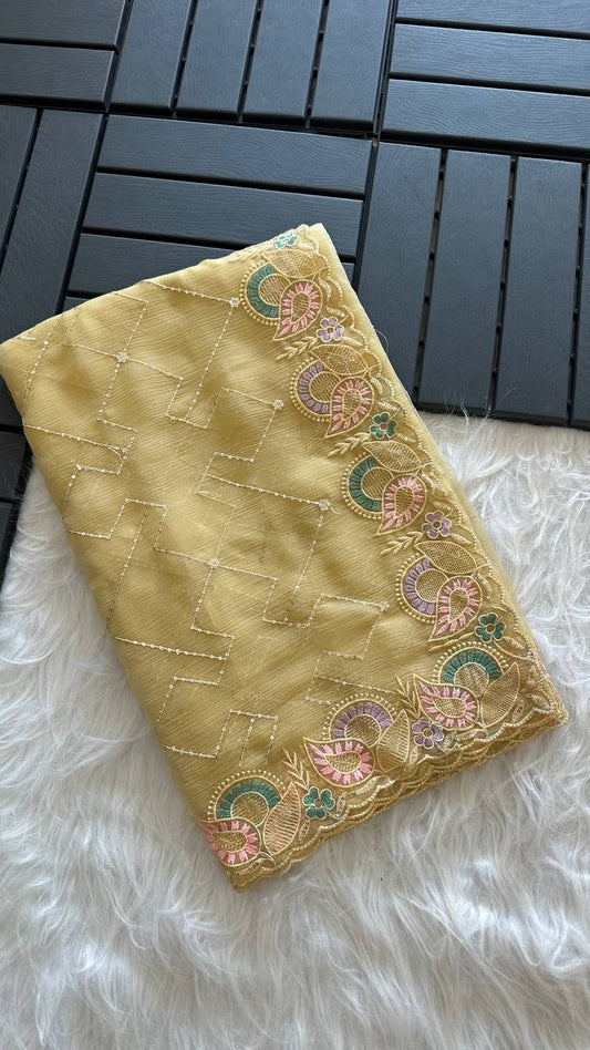 Cream Gold Soft Pure Chiffon Saree with Sequins Embroidery & Paisley Border Work