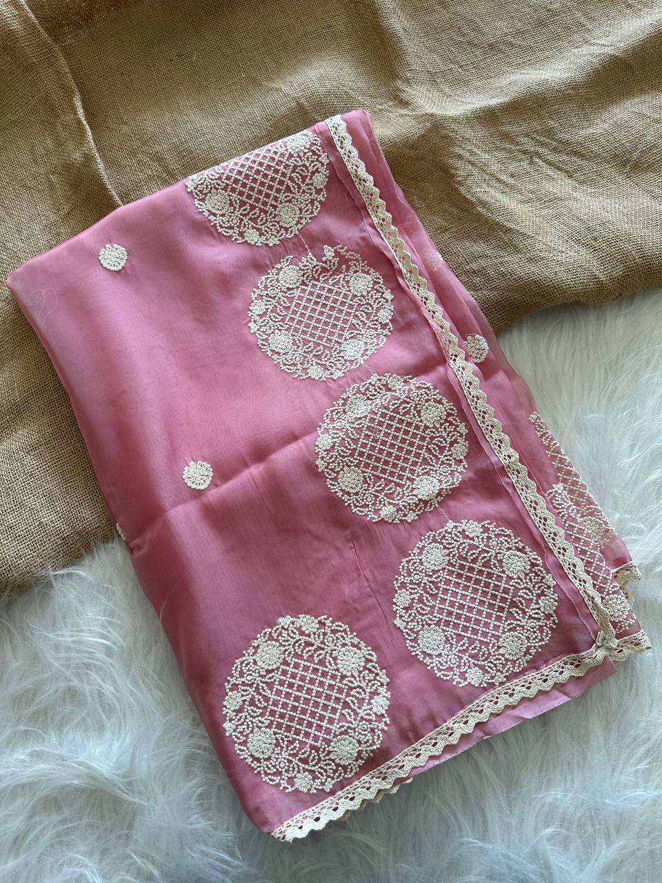 Dusty Pink Chanda Pure Simmer Organza Silk Saree with Lucknowi Thread Embroidery Butta & Chikankari Border