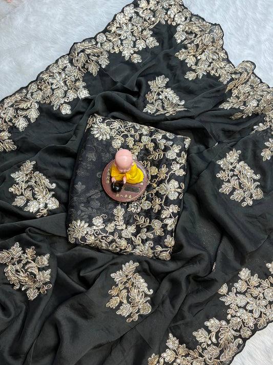 Black Rangoli Silk Saree - 3mm Coding C-Pallu Embroidery with Cutwork Border