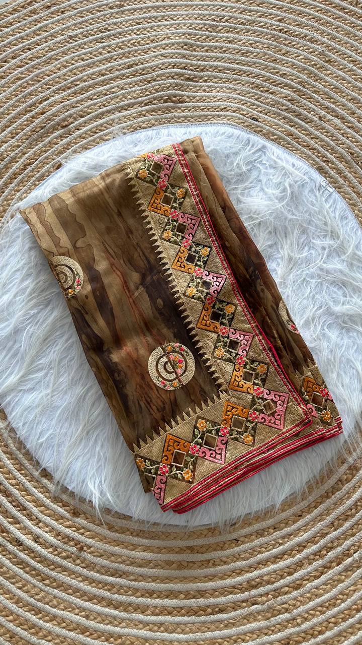 Brown Tie-Dye Organza Silk Saree with Structure Print & Embroidery Thread Work Aztec Border