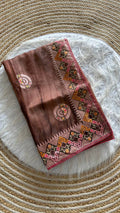 Peach Tie-Dye Organza Silk Saree with Structure Print & Embroidery Thread Work Aztec Border