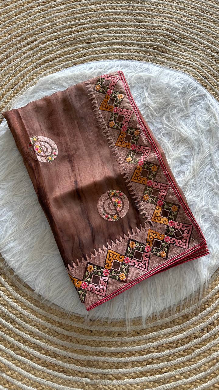 Peach Tie-Dye Organza Silk Saree with Structure Print & Embroidery Thread Work Aztec Border