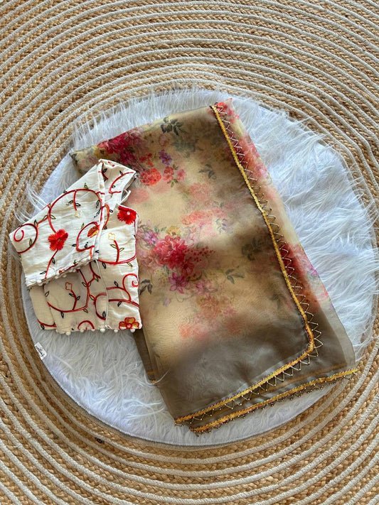 Cream Floral Sanchita Pure Organza Silk Saree with Digital Print & Golden Cutdana Moti Border