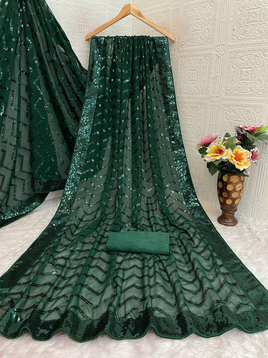 Dark Green Georgette Silk Saree with 5mm Sequence Zig Zag Pattern & Lace Border