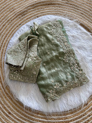 Sage Green Pure Soft Fandy Satin Silk Saree with Sequence Embroidery & Paisley Multi Border Aarco Work