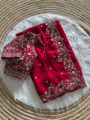 Red Pure Soft Fandy Satin Silk Saree with Sequence Embroidery & Paisley Multi Border Aarco Work