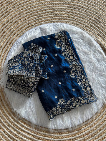 Navy Blue Pure Soft Fandy Satin Silk Saree with Sequence Embroidery & Paisley Multi Border Aarco Work