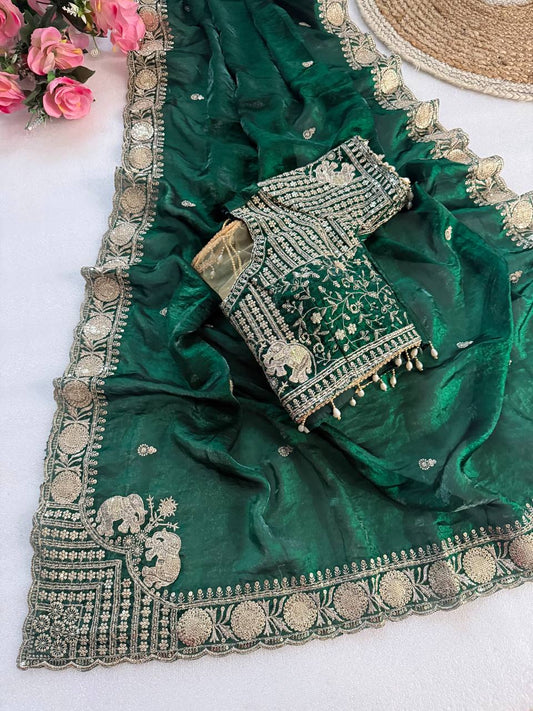 Bottle Green Pure Fancy Satin Saree with Elephant Embroidery & Real Mirror Stitched Blouse