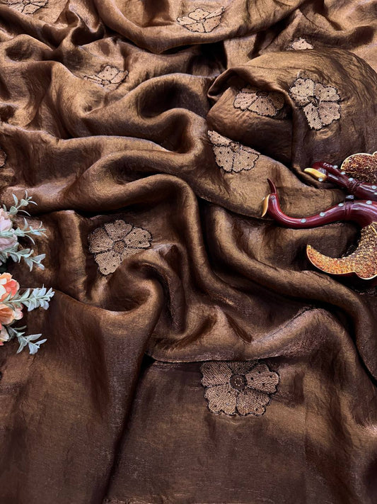 Chocolate Brown NC Silk Saree with Floral Embroidery Motifs