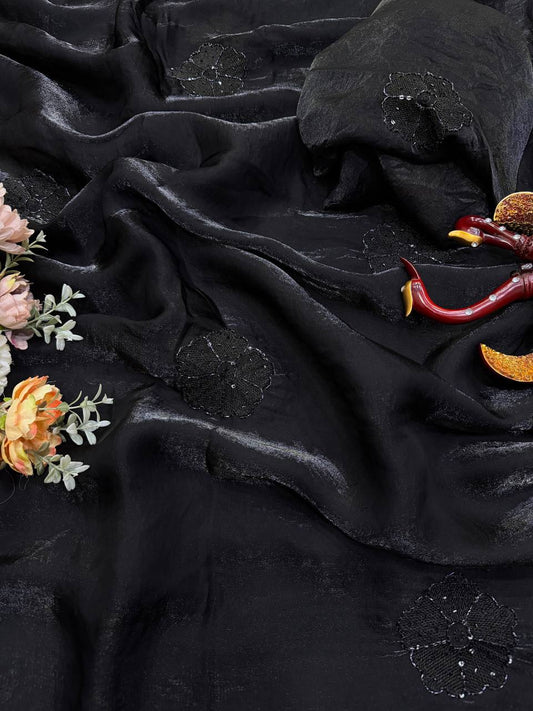Black NC Silk Saree with Monochromatic Floral Embroidered Butti