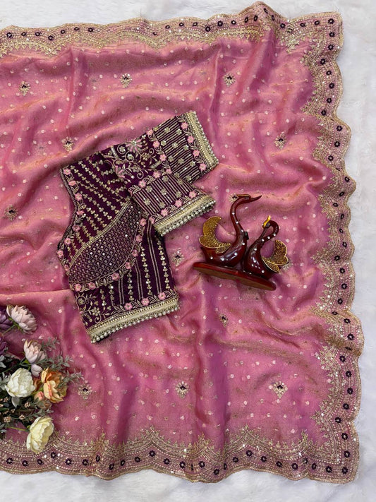Antique Rose Pink NC Zari Butti Embroidery Work Border Saree