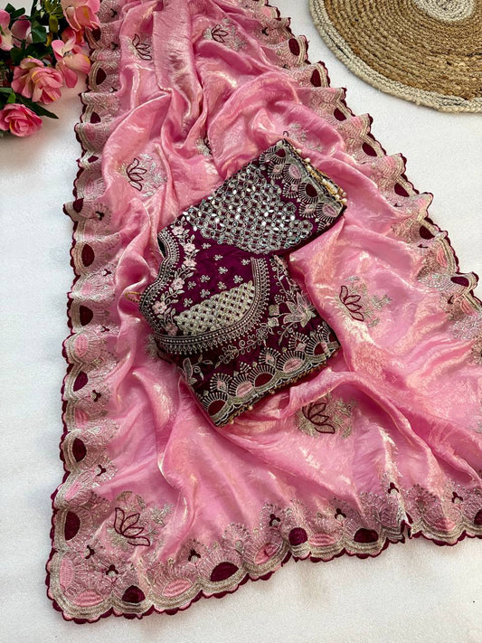 Dusty Pink Pure Fancy Satin Saree with Wine Maroon Real Mirror Stitched Blouse
