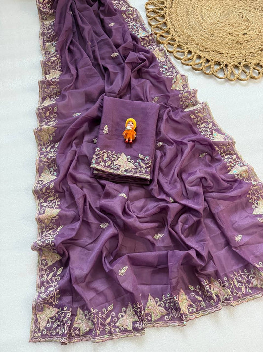 Deep Purple Pure Star Georgette Saree with Butterfly Embroidery & Cutwork Border
