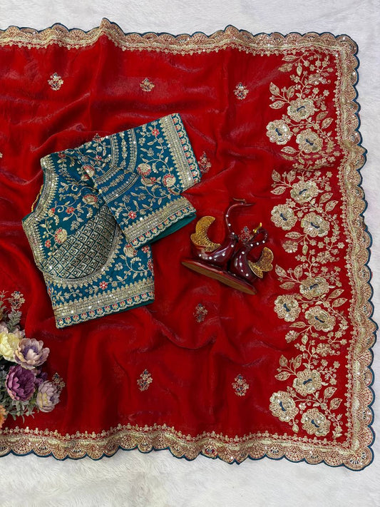 Crimson Red Silk Saree with Contrast Blouse