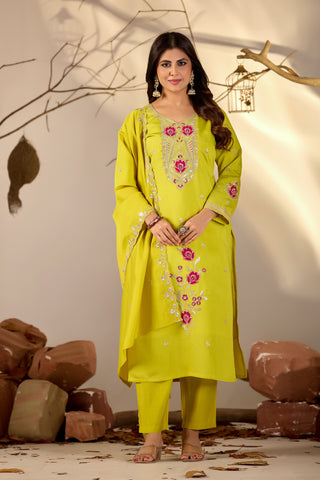 Lime Green Embroidered Straight Kurta Set with Scalloped Dupatta