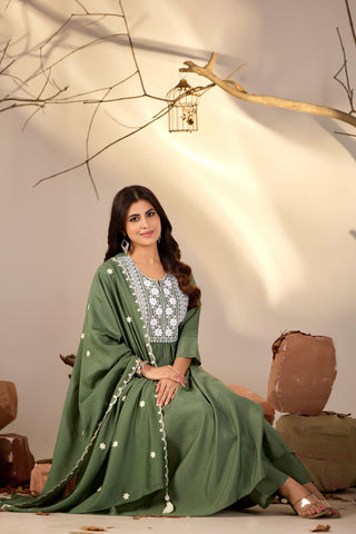 Olive Green Flared Anarkali Suit with White Embroidered Yoke