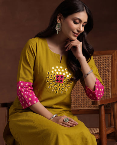 Women's Mustard Yellow Kurta Pant Set with Mirror Work