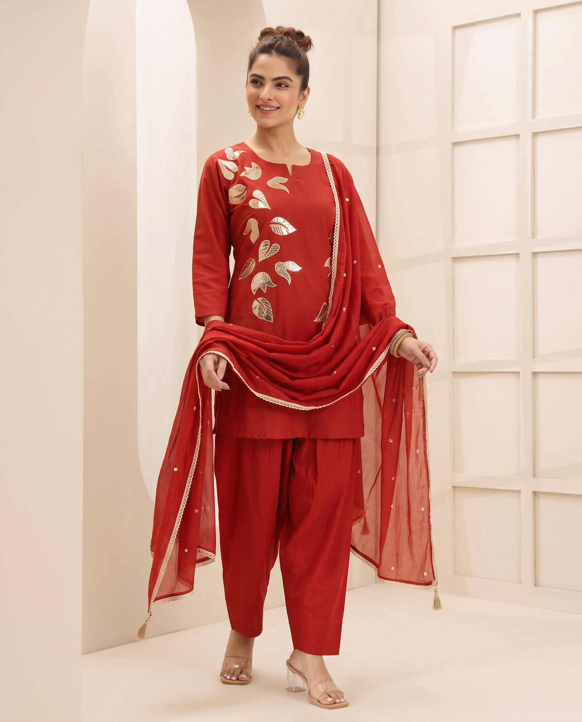 Orange Foil Work Farshi Salwar Set With Dupatta