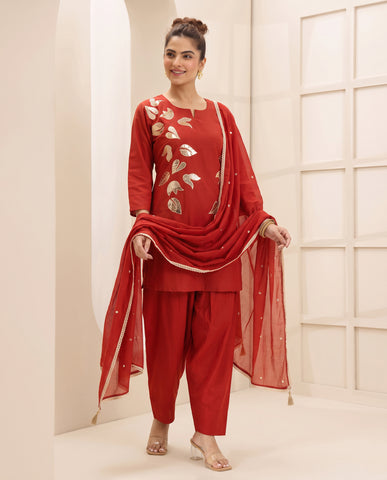 Orange Foil Work Farshi Salwar Set With Dupatta
