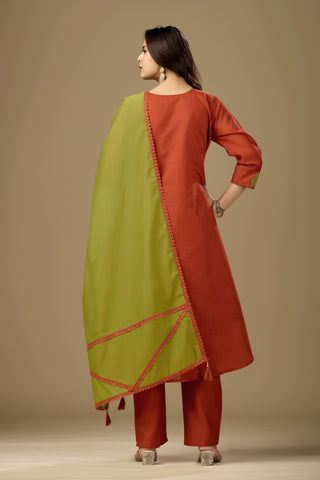 Rust Orange Cotton A-Line Kurta Set for Women with Dupatta