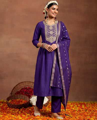 Women's Purple Embroidered Work Kurta Suit Set with Dupatta