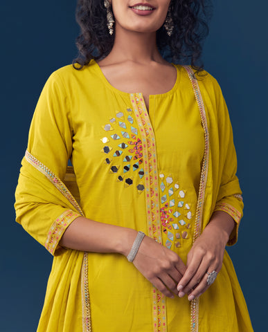 Women's Mustard Yellow Mirror Work Kurta Pant Set with Dupatta