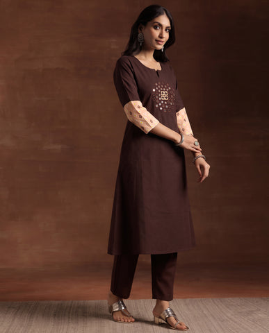 Coffee Brown Mirror Work Kurta with Ikat Print Sleeves & Pant