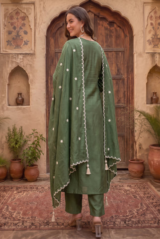 Olive Green Anarkali Suit with White Embroidered Yoke