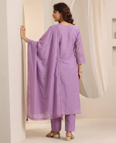 Purple Embroidered Cotton A-Line Kurta Set for Women with Dupatta