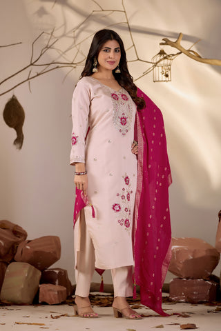 Blush Peach Embroidered Kurta Set with Rani Pink Woven Dupatta