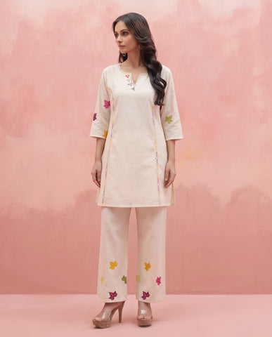 Women's Ivory Cotton Embroidered Kurta Pants Set