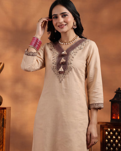 Cream Embroidered Cotton A-Line Suit Set for Women with Brown Dupatta