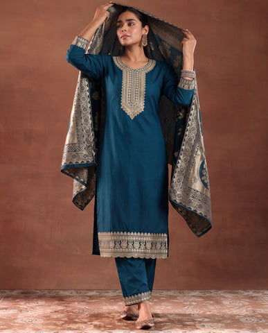 Women's Festive Teal Embroidered Kurta Suit Set with Dupatta