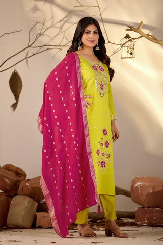 Lime Green Embroidered Kurta Set with Rani Pink Banarasi Dupatta