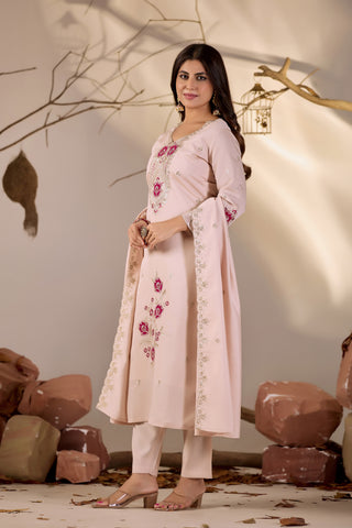 Blush Pink Straight Kurta Set with Magenta Floral Embroidery & Sequin Dupatta