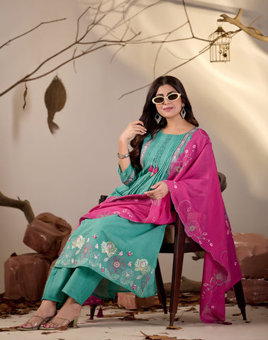 Sea Green Pintuck Kurta Set with Fuchsia Pink Floral Dupatta