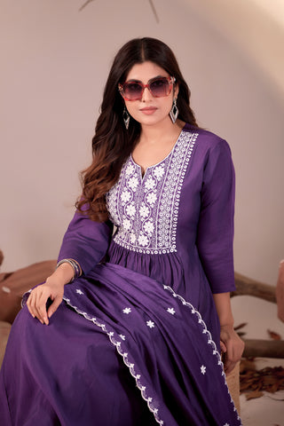 Purple Flared Anarkali Kurta Set with White Chikankari Embroidery