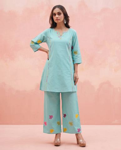 Sea Green Leaf Embroidered Cotton Kurta Palazzo Set for Women