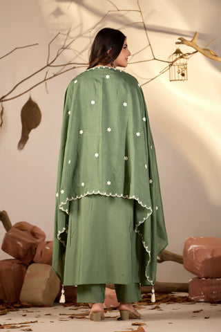 Olive Green Flared Anarkali Suit with White Embroidered Yoke