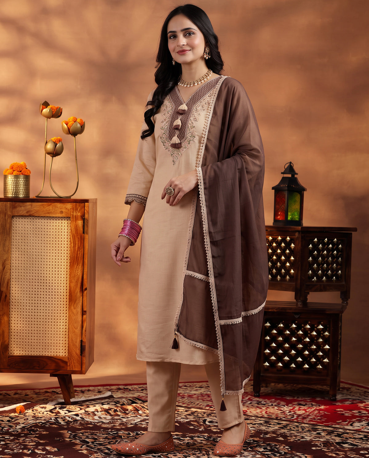 Cream Embroidered Cotton A-Line Suit Set for Women with Brown Dupatta