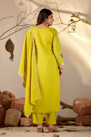 Lime Green Embroidered Straight Kurta Set with Scalloped Dupatta