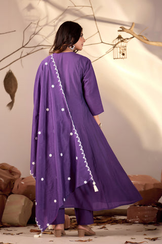 Purple Flared Anarkali Kurta Set with White Chikankari Embroidery